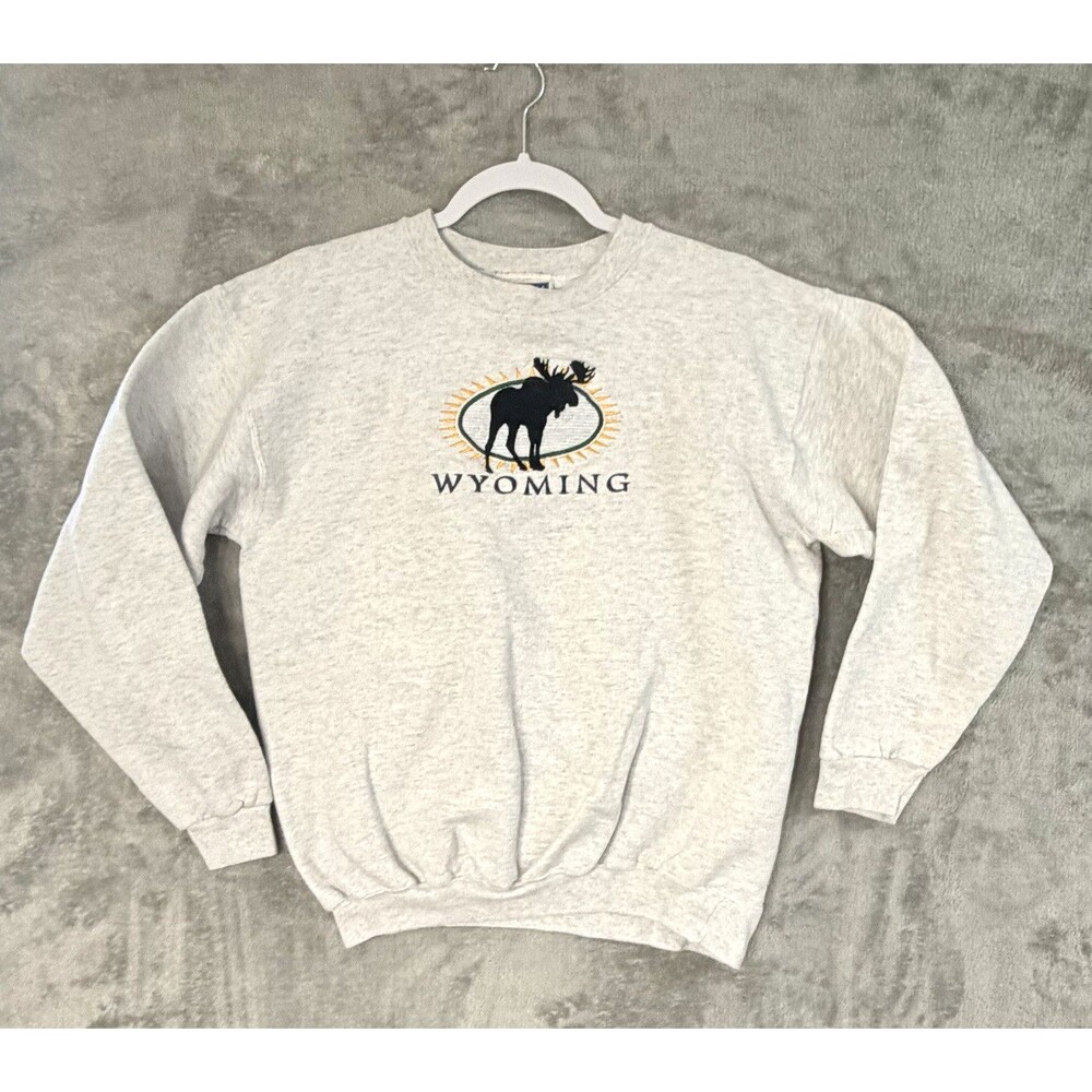 Vintage Hanes Wyoming Moose Sweatshirt Gray Graphic Crewneck Adult Small USA